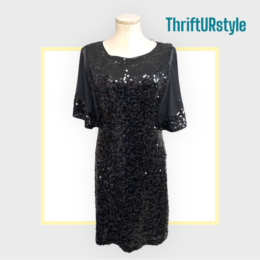 Black Sequin Cocktail Dress Sheer Mesh Flutter Sleeve Knee Length Shift LBD